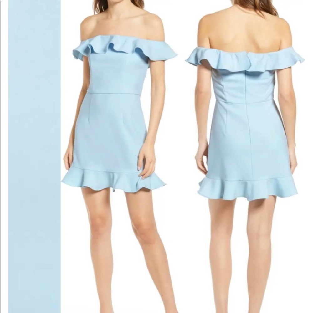 French Connection Whisper Off The Shoulder Mini Dress Light Blue